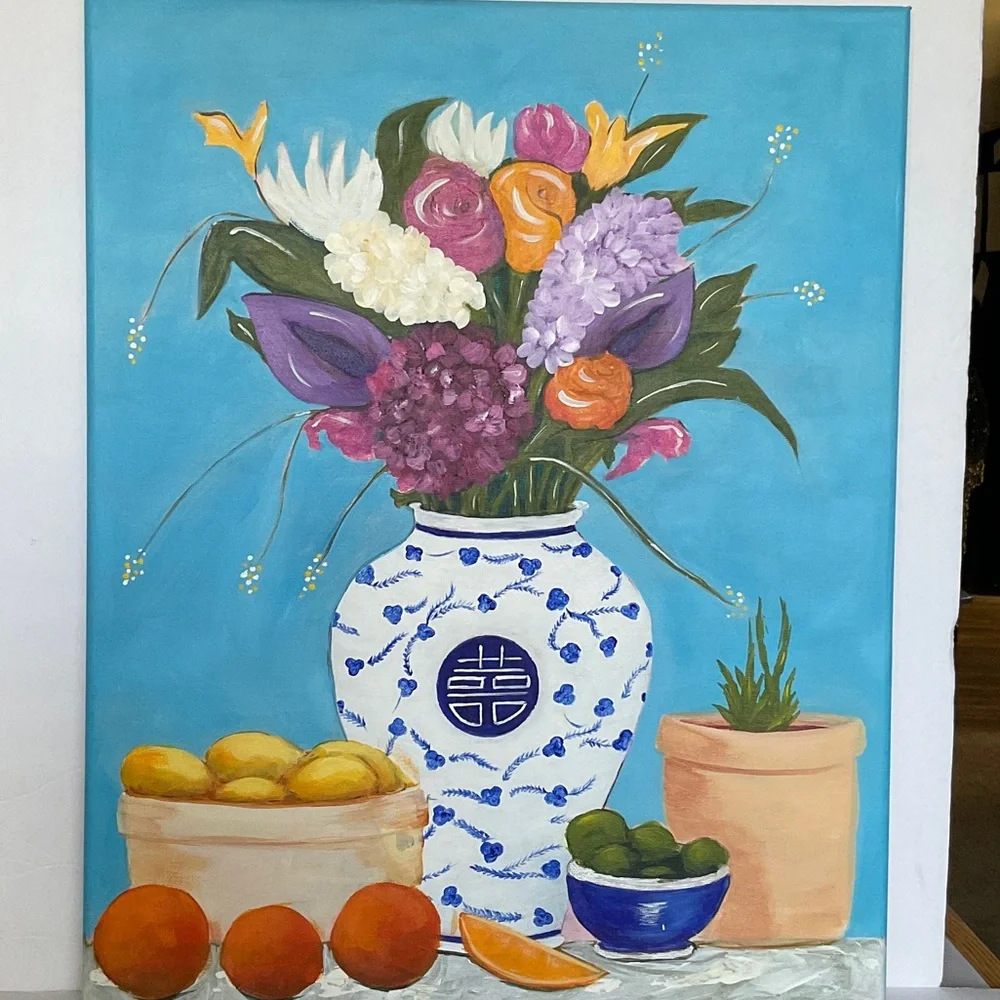 Original Artwork Bright Floral and Still Life Painting With Blue and White Vase - Picture 4 of 7
